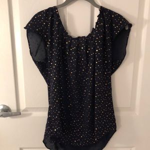 Navy and gold polka dotted blouse